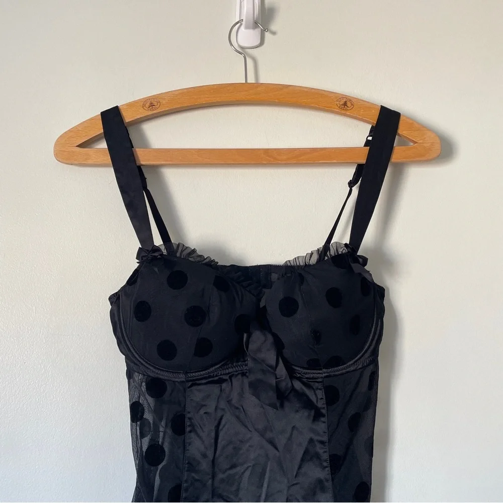 Y2K Babydoll LA SENZA Black Polka Dot Garter Lingerie Corset Mesh Top L Coquette - Picture 3 of 12
